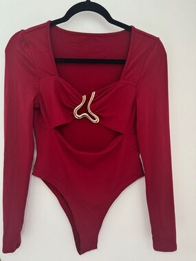 Red Long-Sleeve Bodysuit with Gold Accent